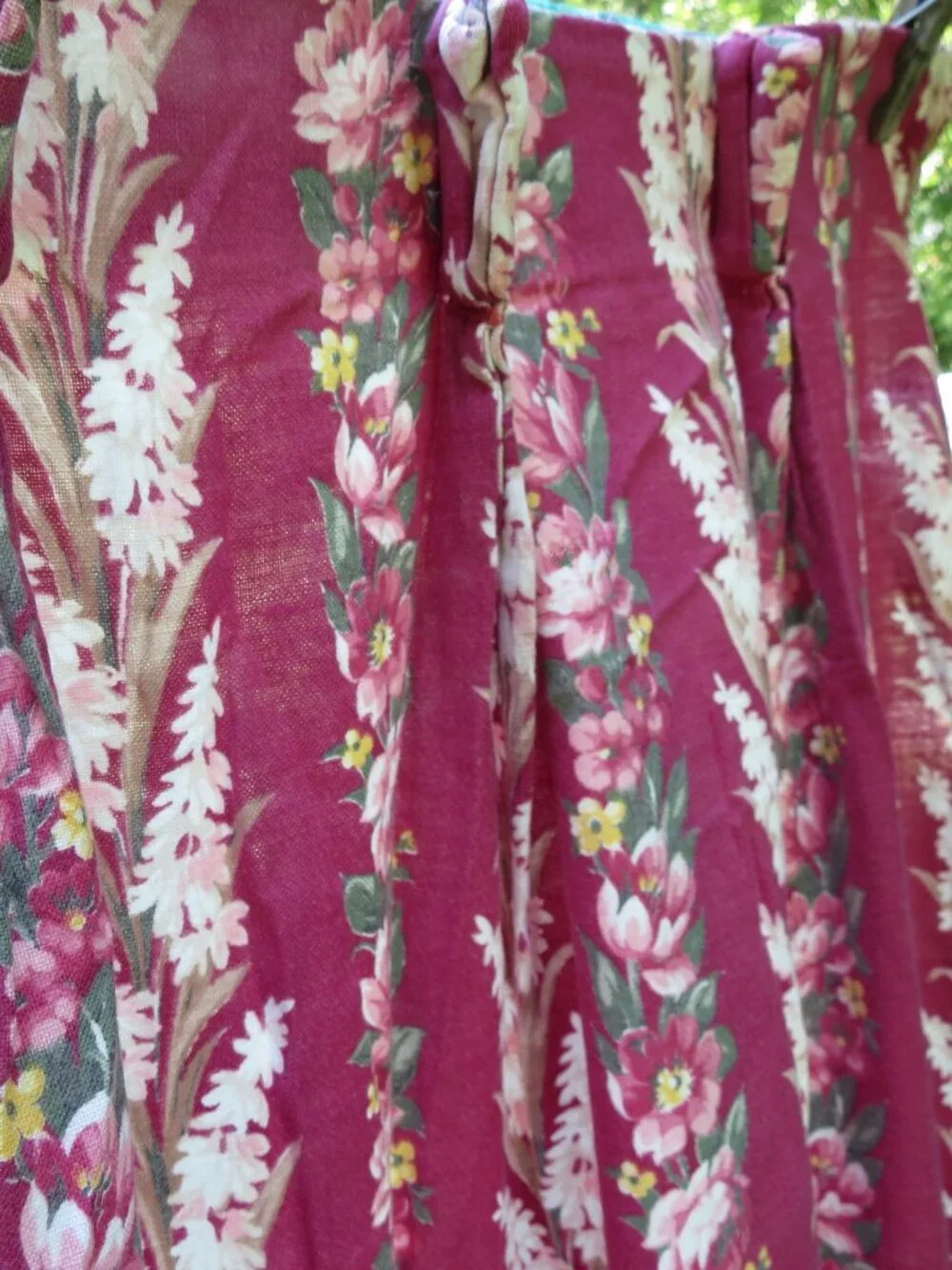 VINTAGE (4) PANEL CURTAINS Roses Fern STRIPES Vat Print Fabric Midcentury 87